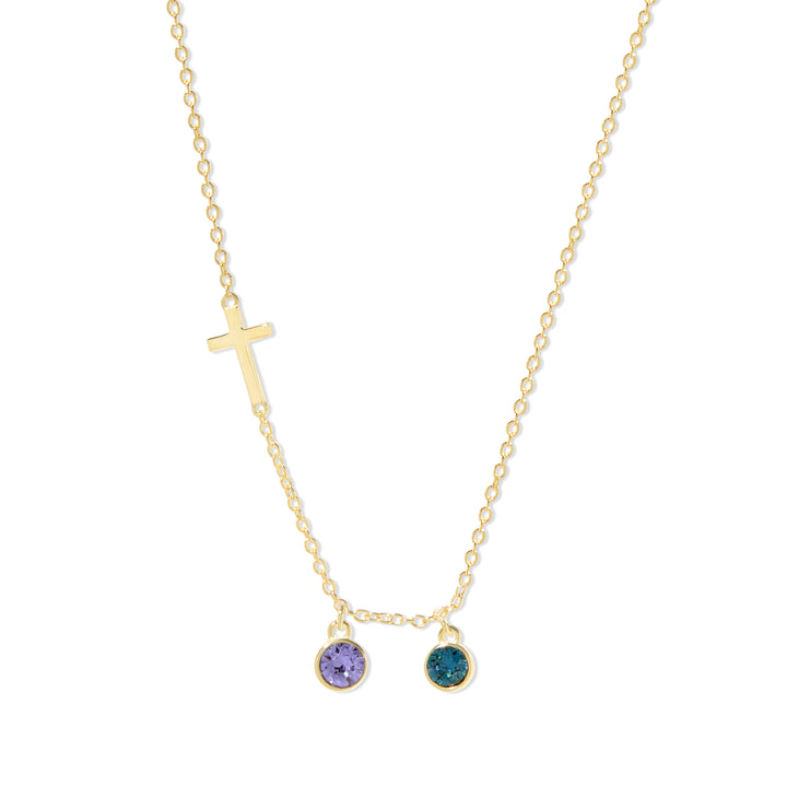 Two Stone Bezel Set Gold Cross Birthstone Necklace