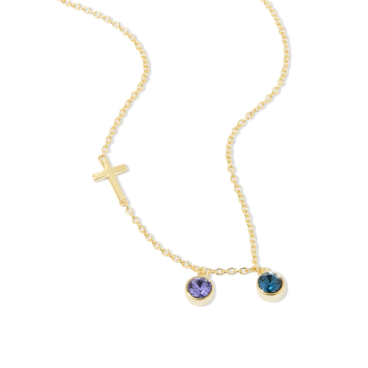 Two Stone Bezel Set Gold Cross Birthstone Necklace