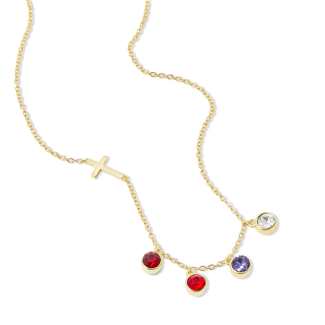 Four Stone Bezel Set Gold Cross Birthstone Necklace