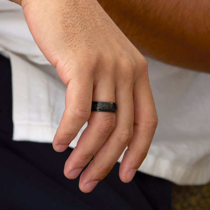 Men's Black Stainless Steel Carved Design Ring