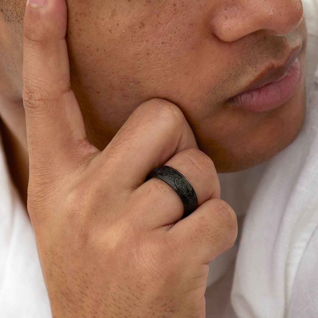 Men's Black Stainless Steel Carved Design Ring