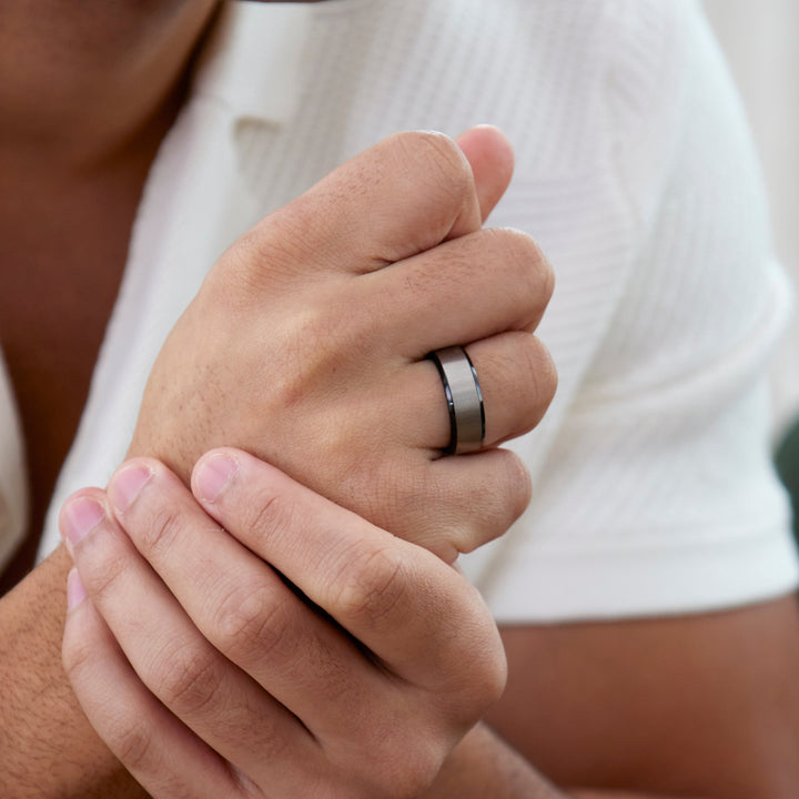 Brushed Silver Black Titanium Class Ring For Men