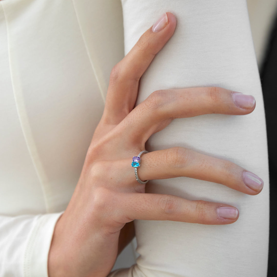 Two Stone Oval Birthstone Pave Band Silver Ring