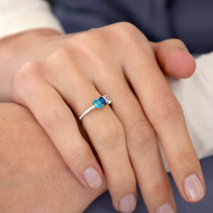 Three Stone Oval Birthstone Pave Band Silver Ring