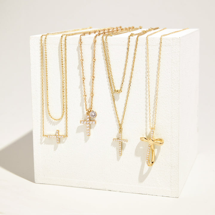 Gold Plated CZ and Cross Layered Necklace Set