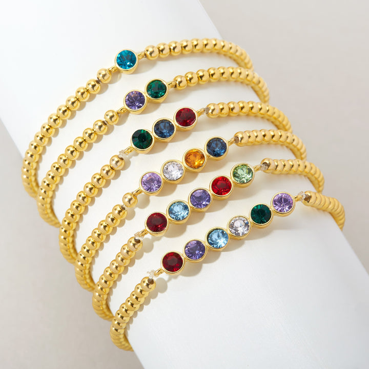 Three Stone Bezel Set Gold Birthstone Bead Bracelet