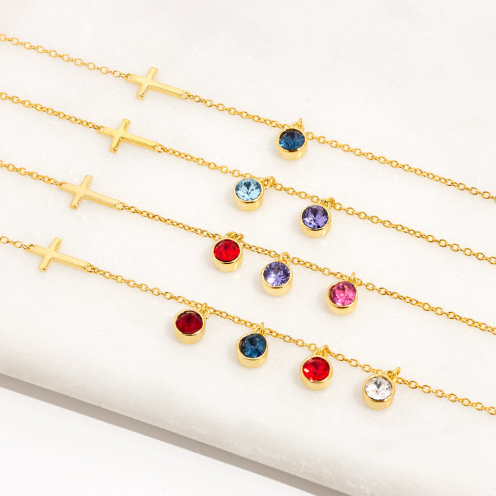 Two Stone Bezel Set Gold Cross Birthstone Necklace