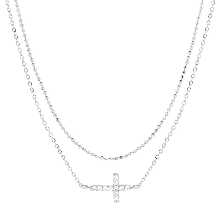 Sterling Silver CZ Sideways Cross Layered Necklace Set