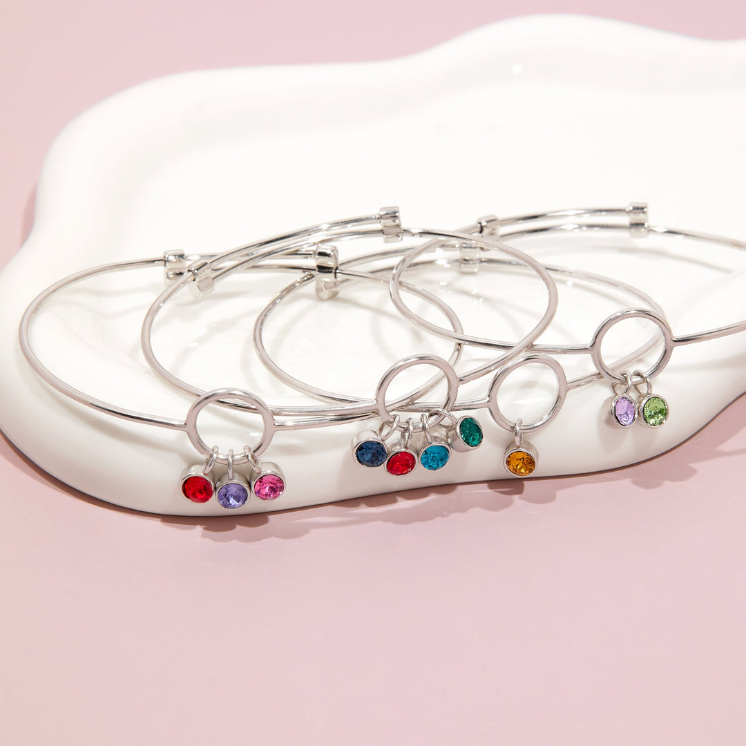 Three Stone Silver Birthstone Charm Bangle Bracelet