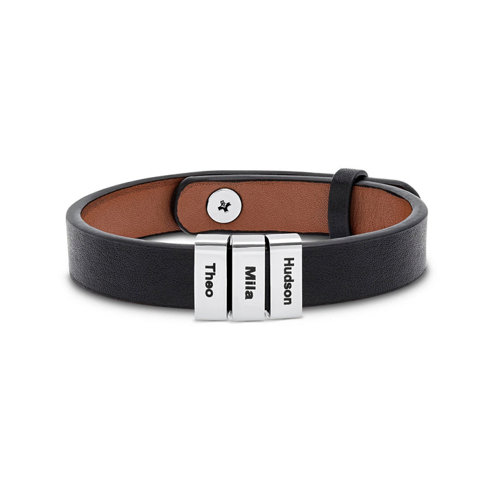 Men's Three Name ID Bar Leather Bracelet