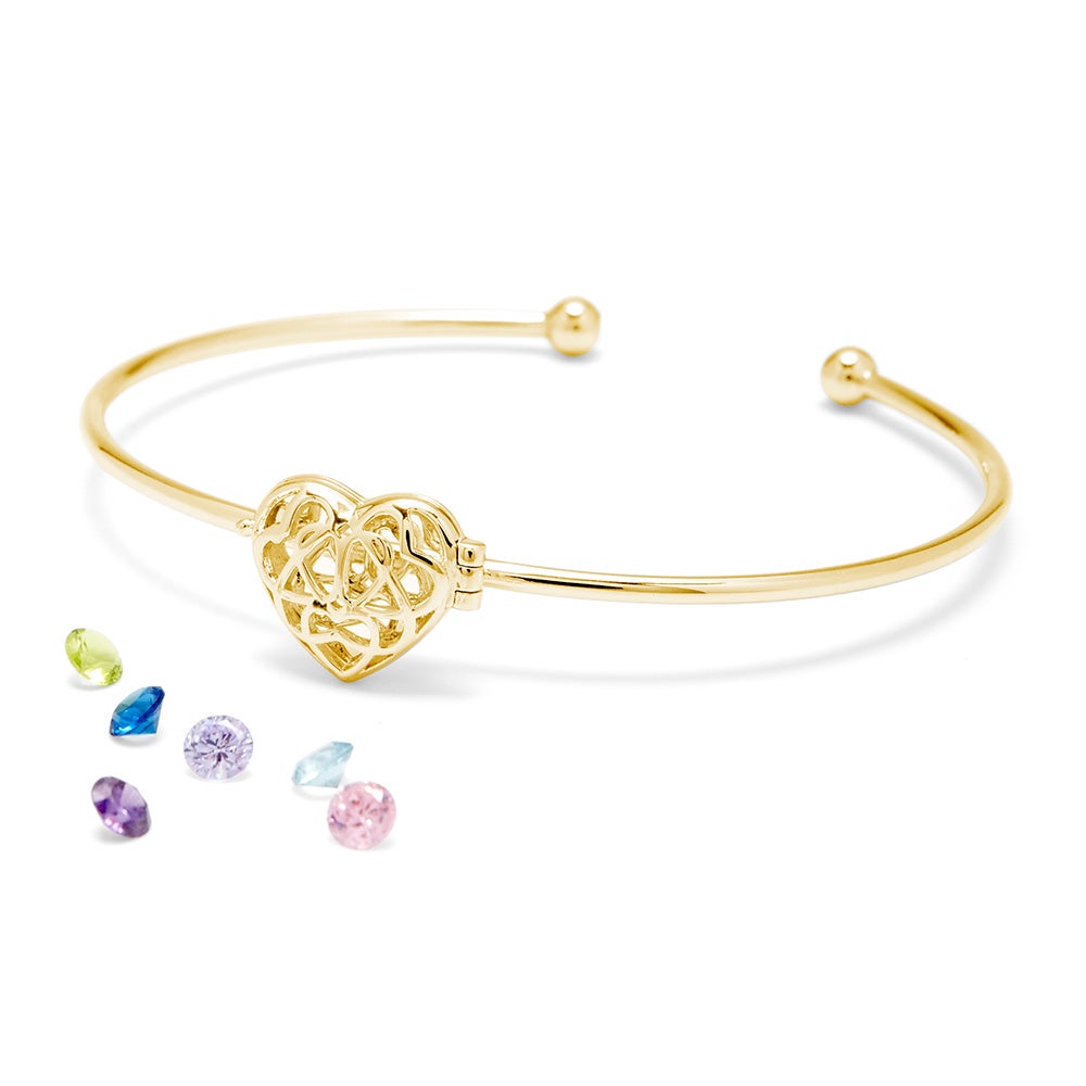 Interlocking Hearts 4mm Round Birthstone Gold Cuff Bracelet