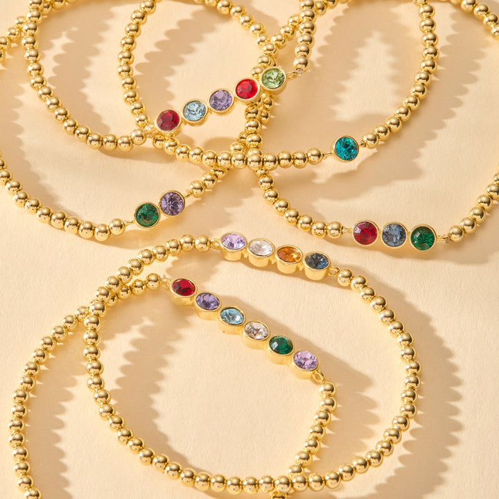 Four Stone Bezel Set Gold Birthstone Bead Bracelet