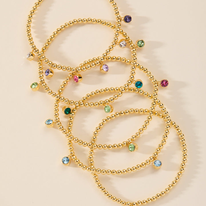 Three Gold Bezel Birthstone Charm Bead Bracelet