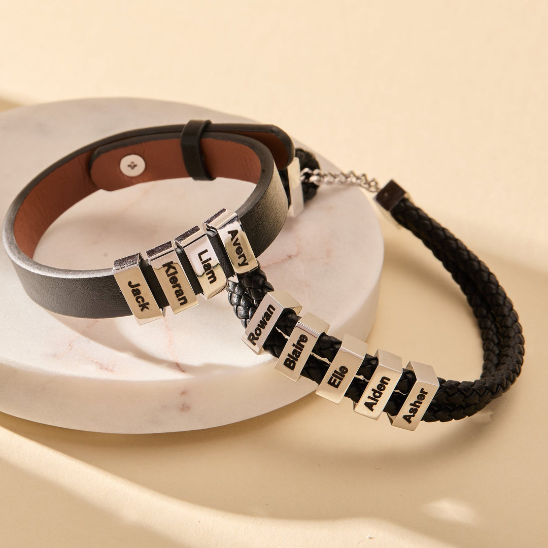 Men's Two Name ID Bar Leather Bracelet