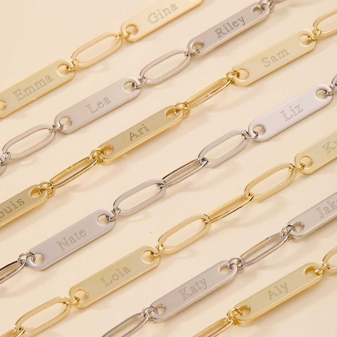 Gold Plated Paperclip Chain Engravable Four Name Bar Bracelet