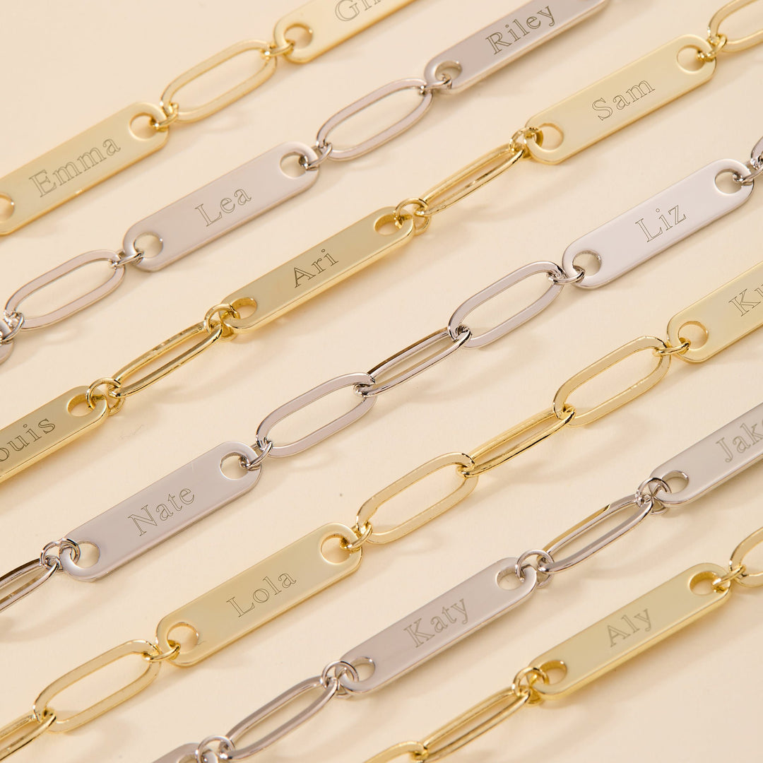 Gold Plated Paperclip Chain Engravable Two Name Bar Bracelet