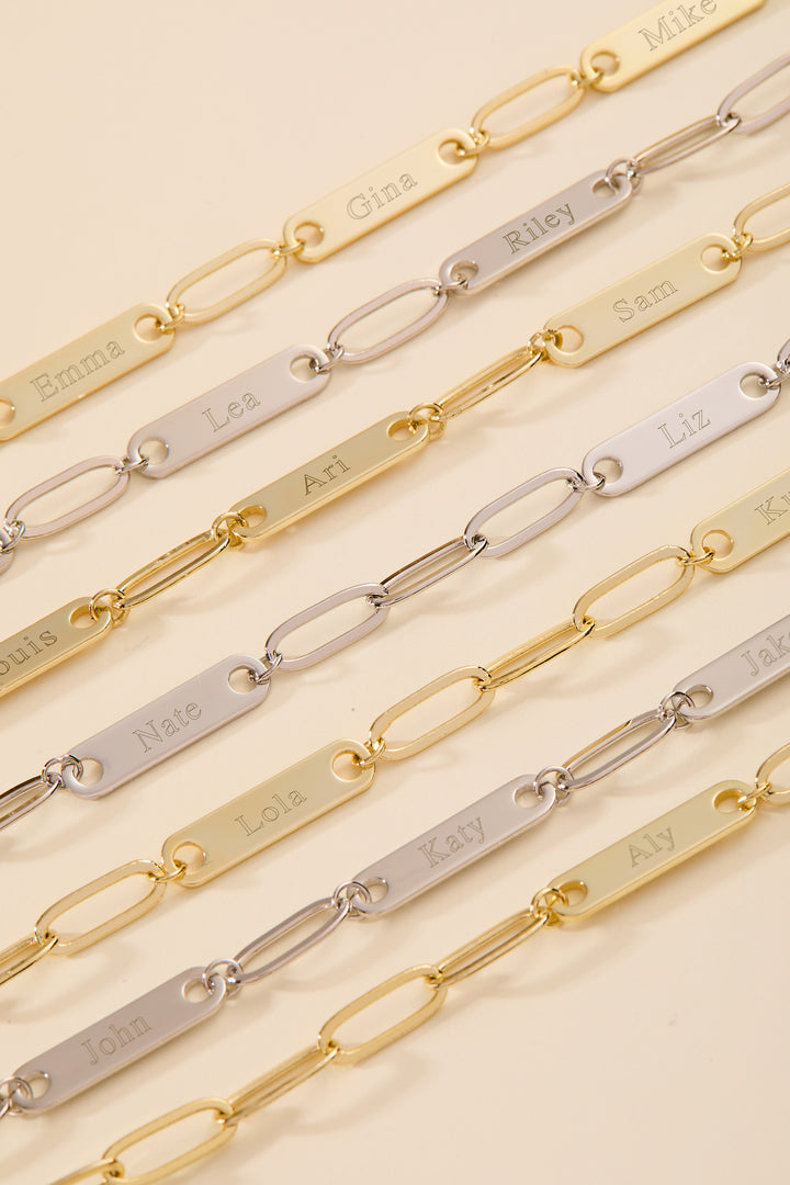 Gold Plated Paperclip Chain Engravable Name Bar Bracelet