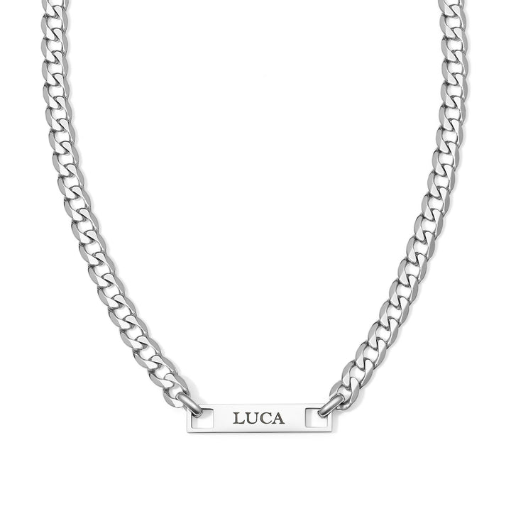 Stainless Steel Figaro Chain Engravable Name Bar Necklace