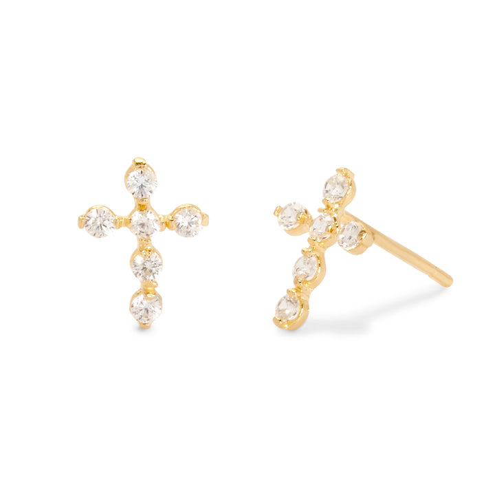 14K Gold Cross CZ Stud Earrings