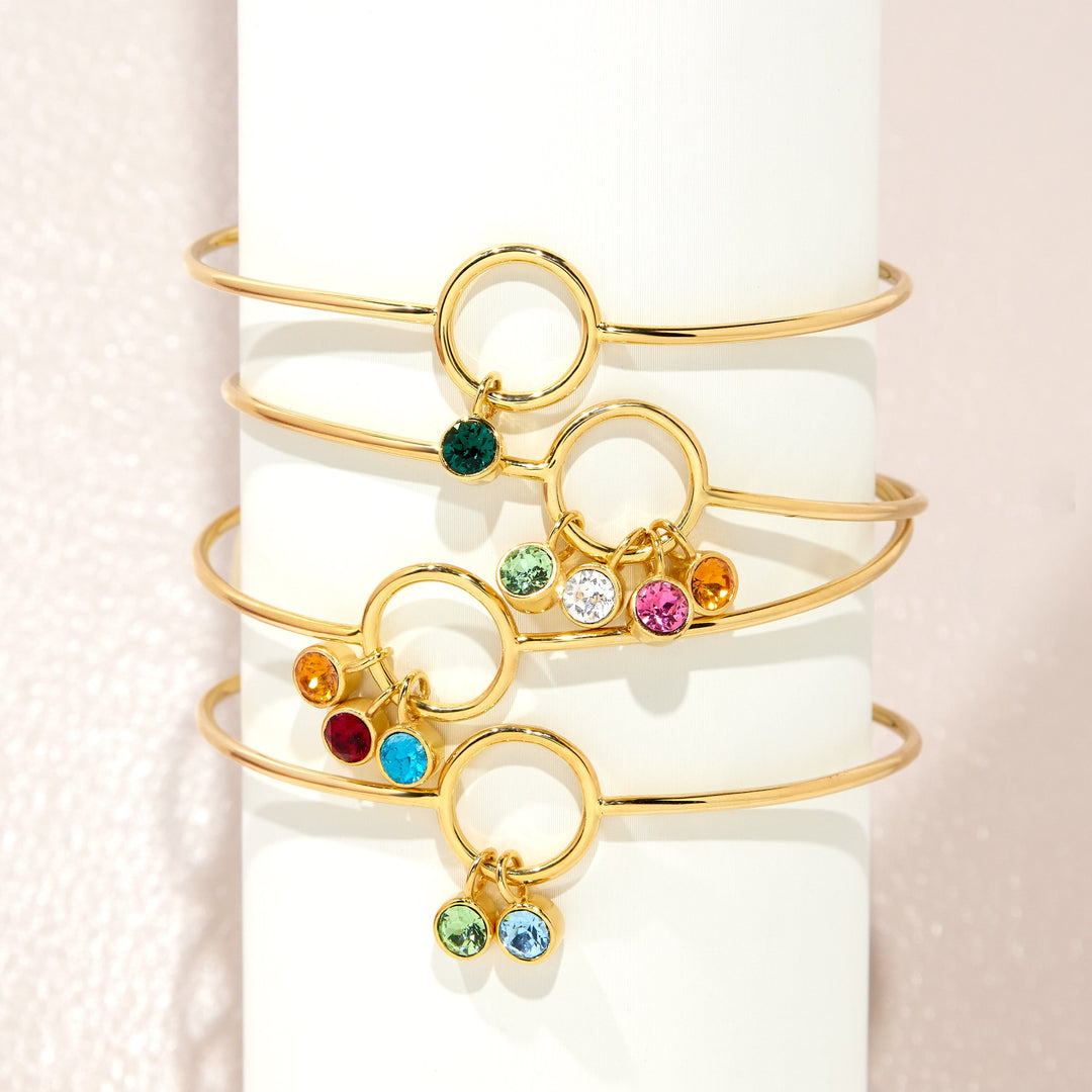 Four Stone Gold Birthstone Charm Bangle Bracelet