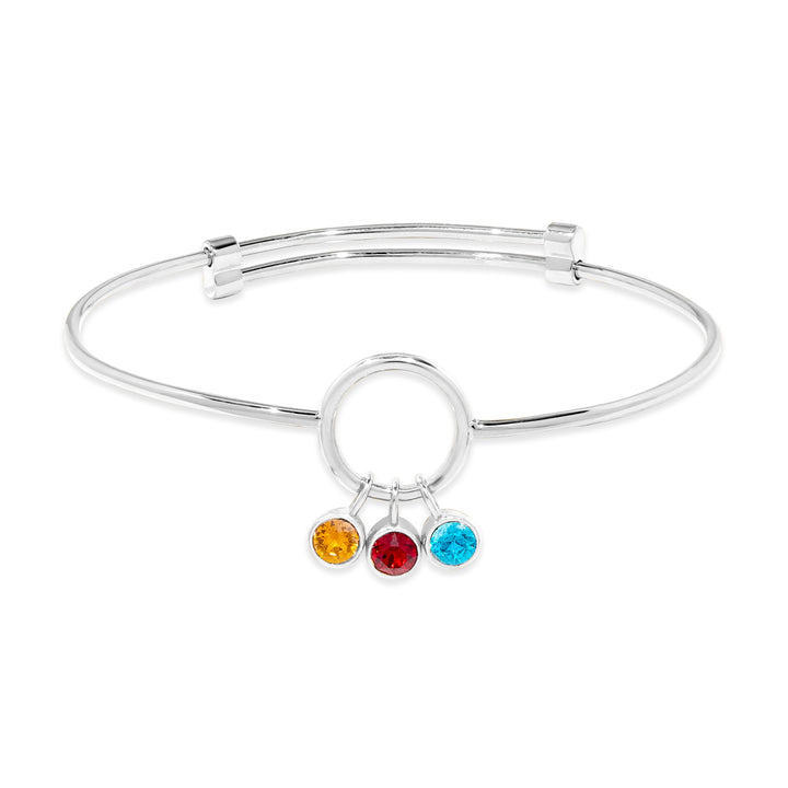 Three Stone Silver Birthstone Charm Bangle Bracelet