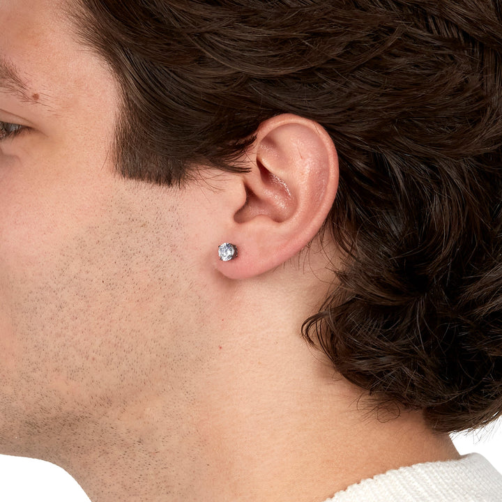 Men's Silver Round CZ Studs and Stainless Steel Petite Huggy Earring Set