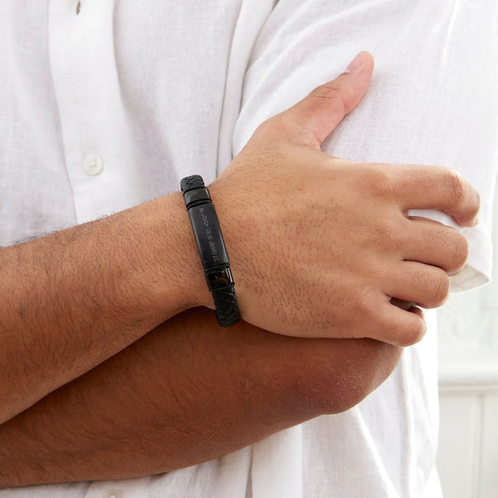 Custom Coordinate Men's Genuine Leather Matte Black ID Bracelet