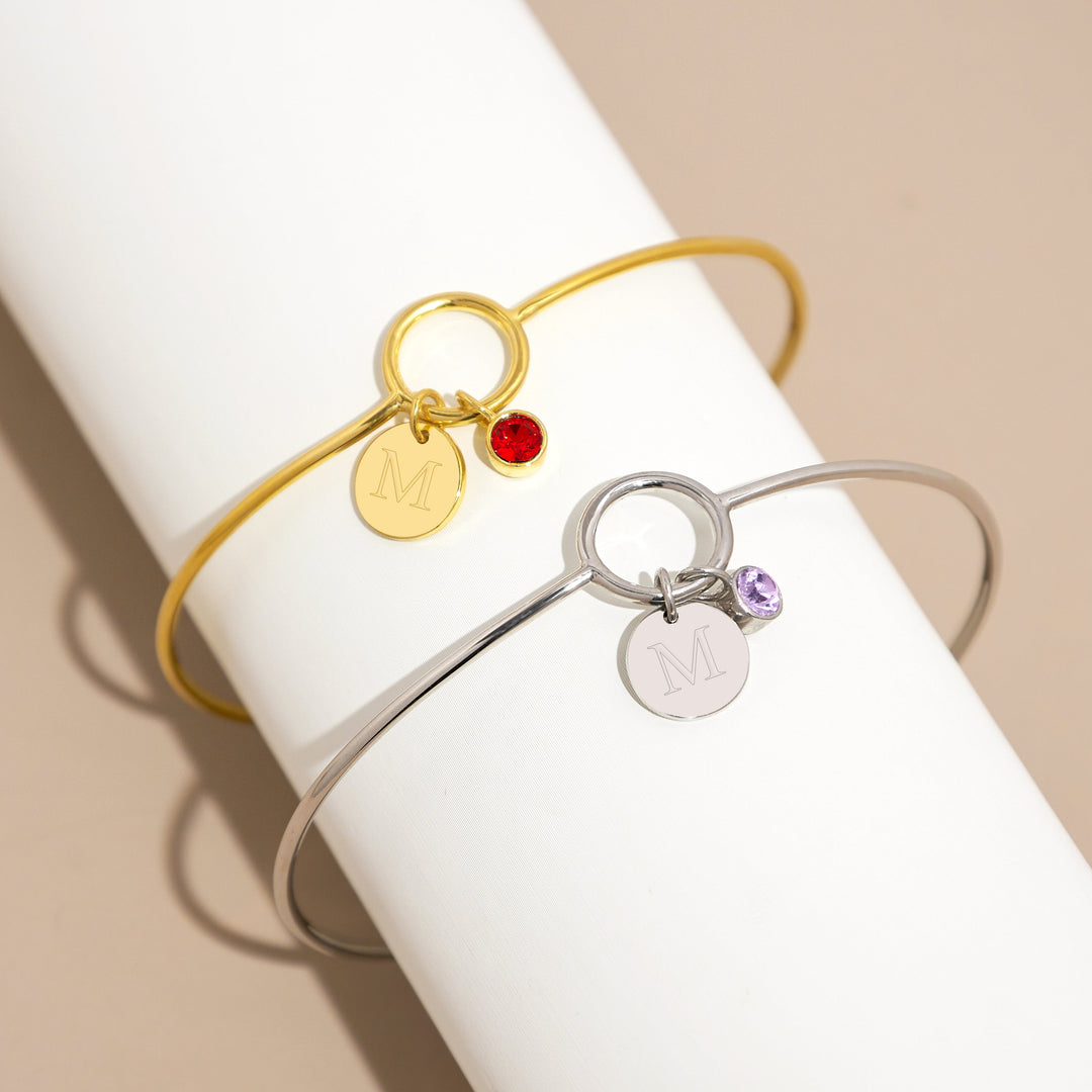 Custom Birthstone and Initial Charm Bangle Bracelet