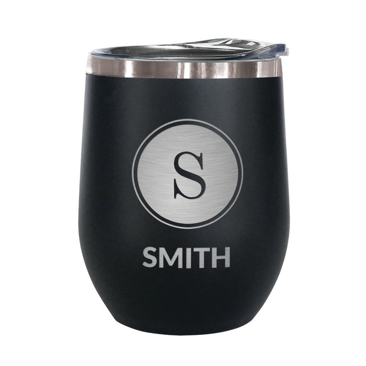 Black Initial and Family Name Stemless Wine Tumbler