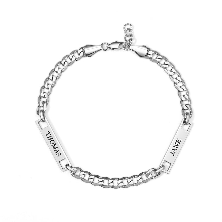 Stainless Steel Figaro Chain Engravable Two Name Bar Bracelet