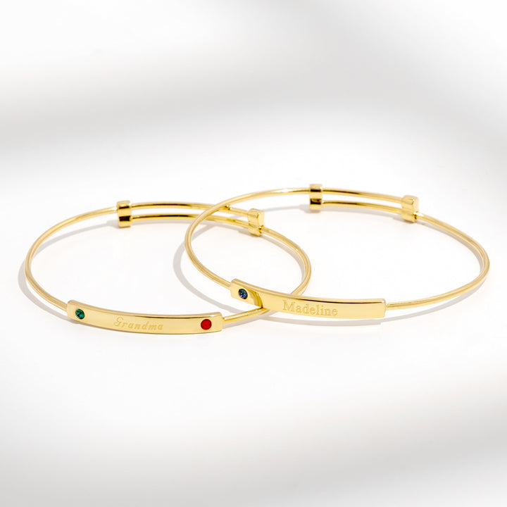 Engravable Gold Two Birthstone Bar Bangle Bracelet