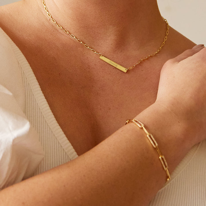 Engravable Paperclip Chain Gold Name Bar Necklace