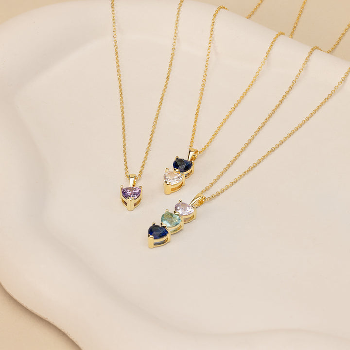 3 Stone Custom Heart Birthstone Drop Gold Necklace