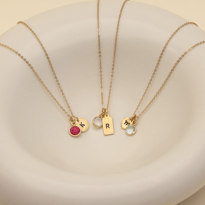 Hand Stamped Gold Mini Initial Custom Birthstone Necklace