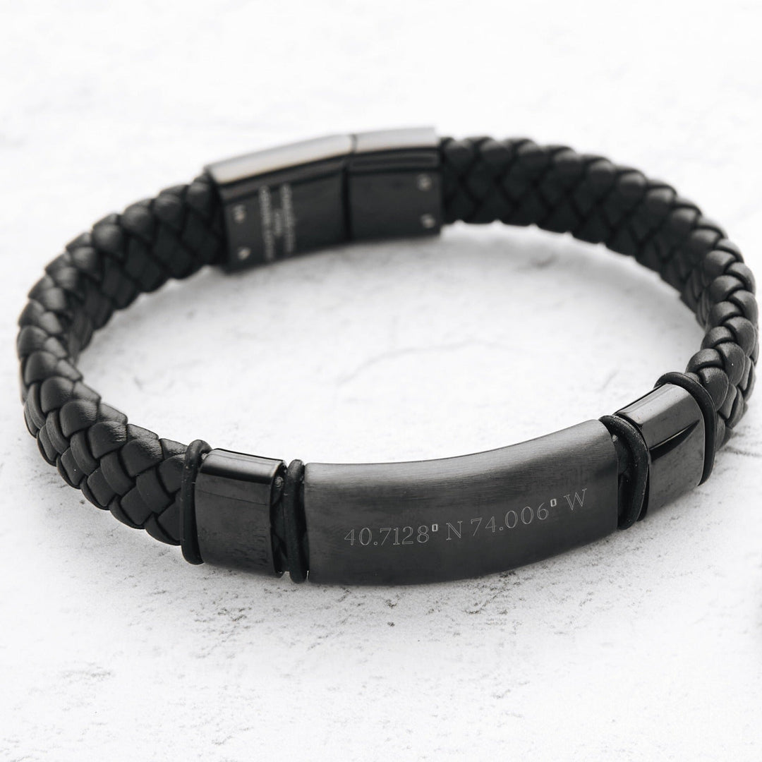 Custom Coordinate Men's Genuine Leather Matte Black ID Bracelet