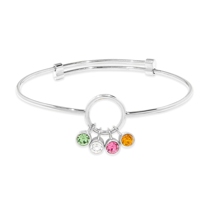 Four Stone Silver Birthstone Charm Bangle Bracelet