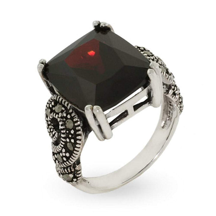 Emerald Cut Garnet Cz Sterling Silver Marcasite Ring