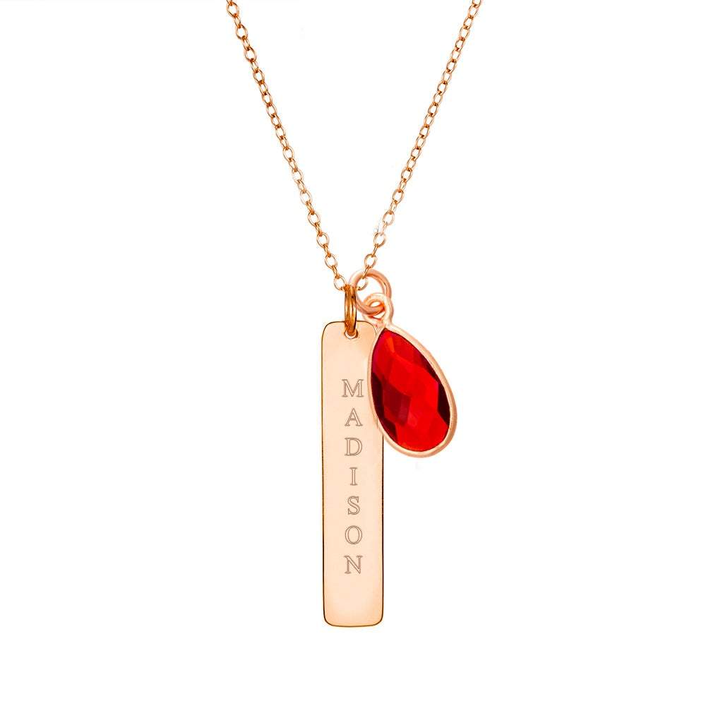 Vertical Rose Gold Name Bar Necklace with Custom Birthstone