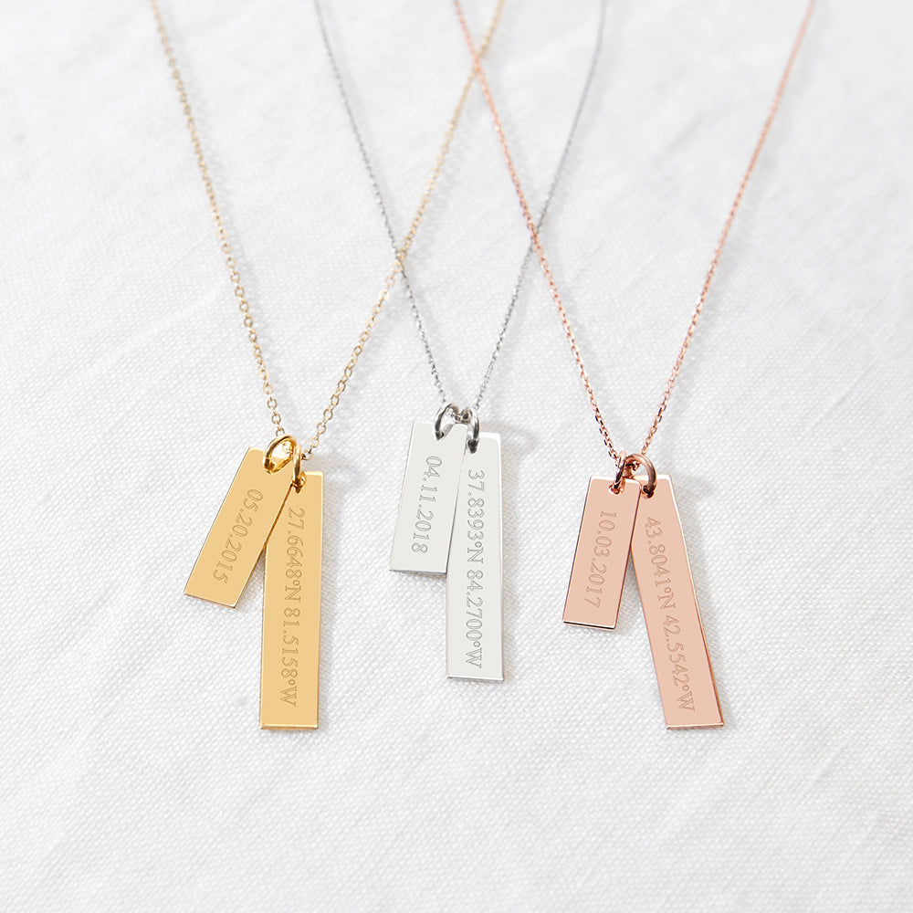 Custom Coordinate and Date Double Vertical Rose Gold Bar (left to right)