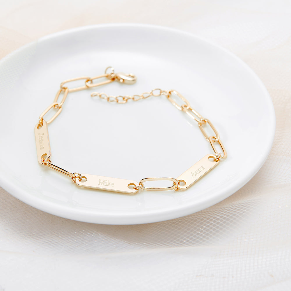 Gold Plated Paperclip Chain Engravable Four Name Bar Bracelet