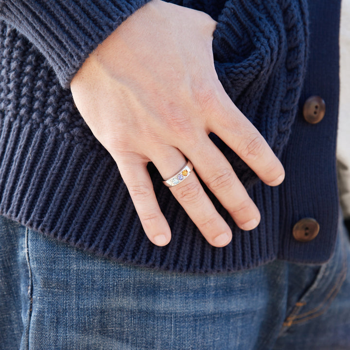 Men's Sterling Silver 3 Stone Family Birthstone Ring