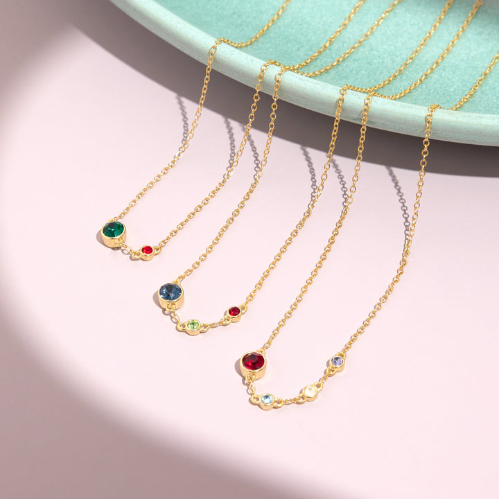 Three Birthstone Bezel Set Mother and Child Gold Necklace