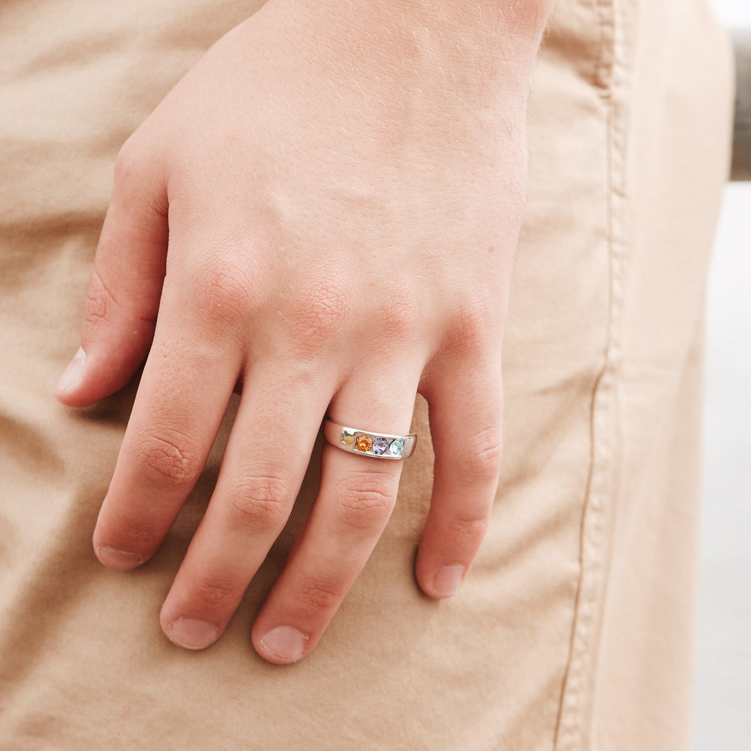 Men's Sterling Silver 3 Stone Family Birthstone Ring