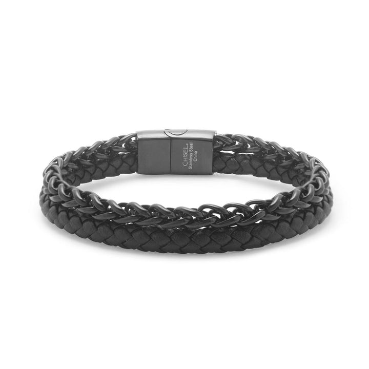 Men's Black Stainless Steel Chain and Leather Bracelet