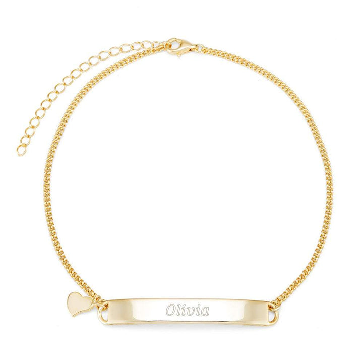 Engravable Name Bar Gold Anklet with Heart Charm