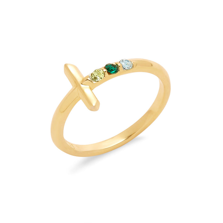 3 Stone Gold Cross Birthstone Ring