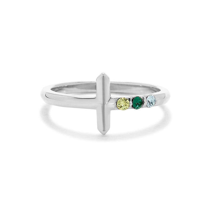 3 Stone Silver Cross Birthstone Ring