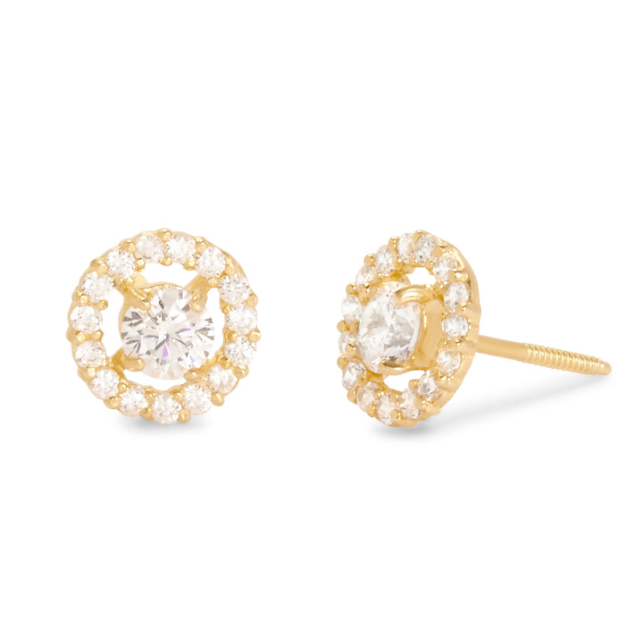 14K Gold Round Halo CZ Stud Earrings