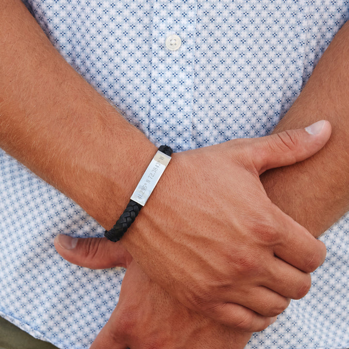 Custom Coordinate Men's Braided Leather ID Bracelet