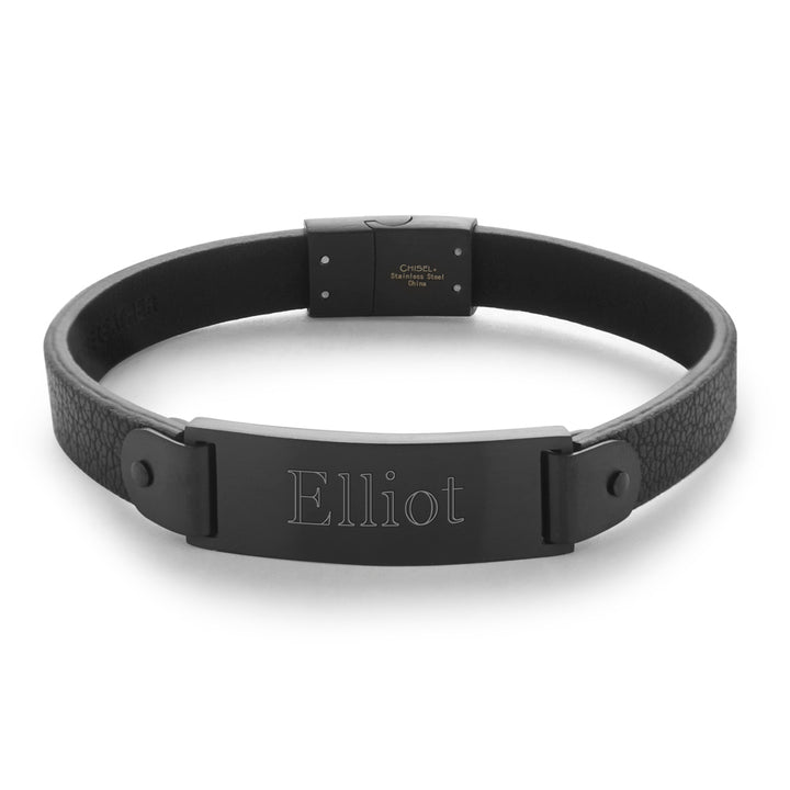 Men's Brushed Black Stainless Steel Leather ID Bracelet